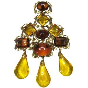 SCHREINER HUGE Cognac & Yellow Rhinestone Dangling Prism Pin Brooch Pendant